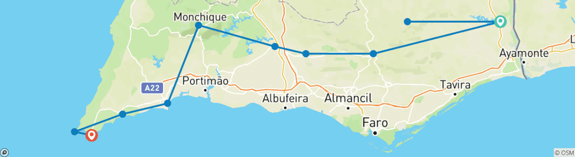 Image of a map showing the route of the tour