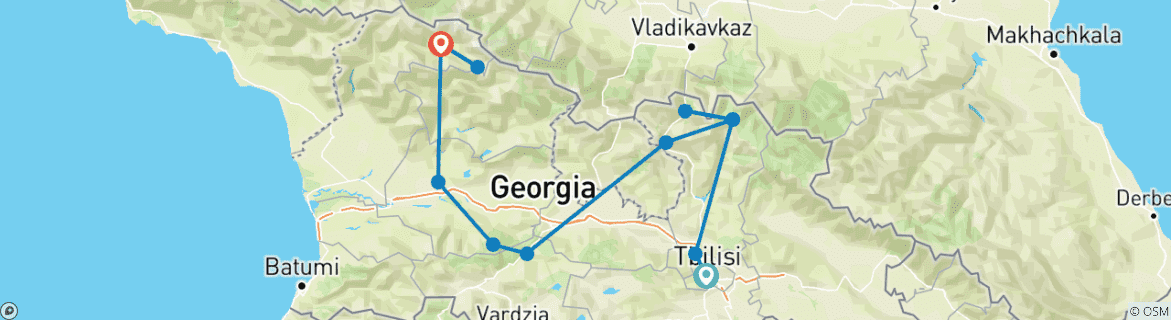 Image of a map showing the route of the tour