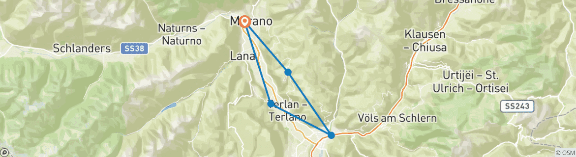 Image of a map showing the route of the tour