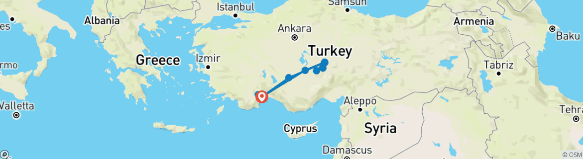 Image of a map showing the route of the tour