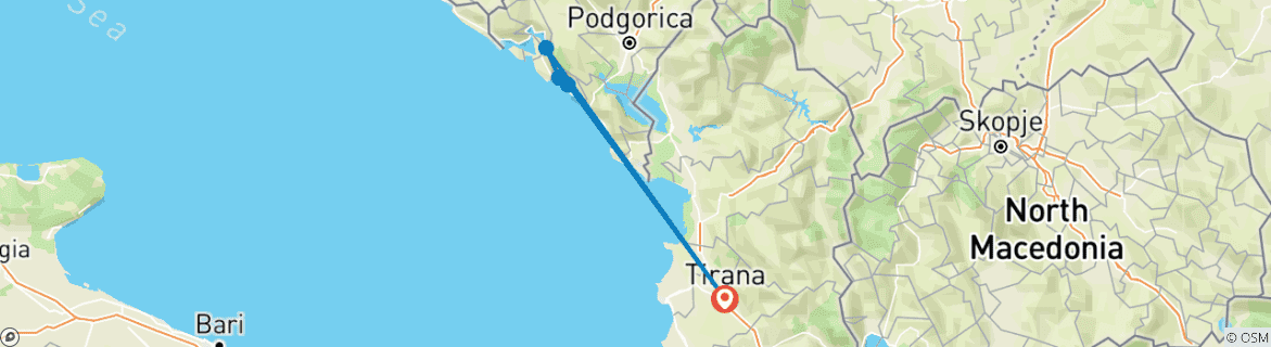 Carte du circuit Excursion semi-privée d'une journée au Monténégro : Budva et Kotor depuis Tirana