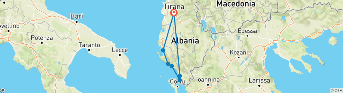 Karte von Kleingruppenreise an die albanische Riviera; Vlora, Dhermi, Himara, Saranda und Ksamil