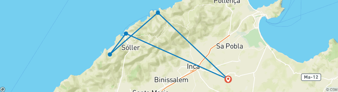 Image of a map showing the route of the tour