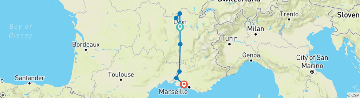Carte du circuit De Lyon à la pointe de la Provence sur le Rhône et la Saône