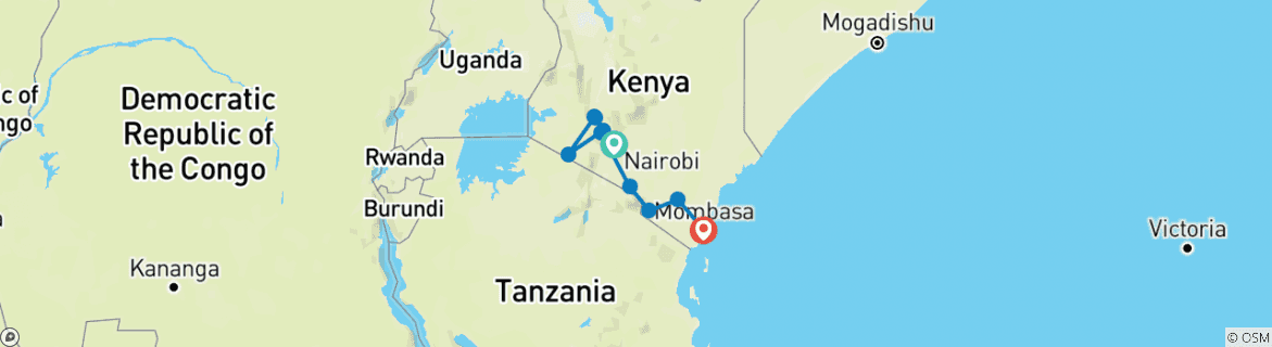 Map of 15-Days From Masai Mara National Reserve to Mombasa Diani Beach Holiday