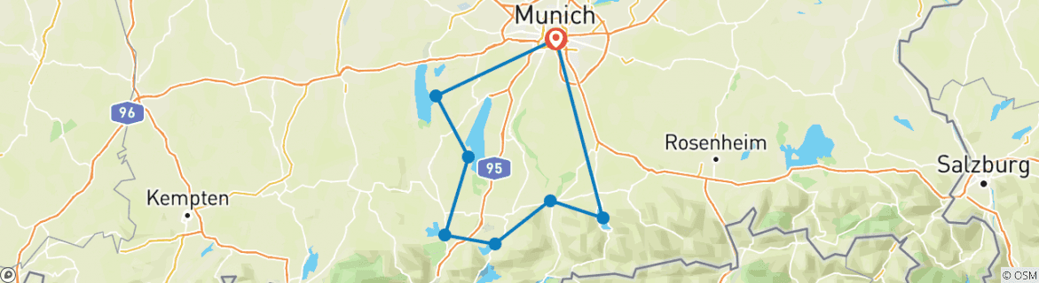 Karte von Münchner Seenrunde - Seenzauber am Alpenrand West mit Gepäcktransfer