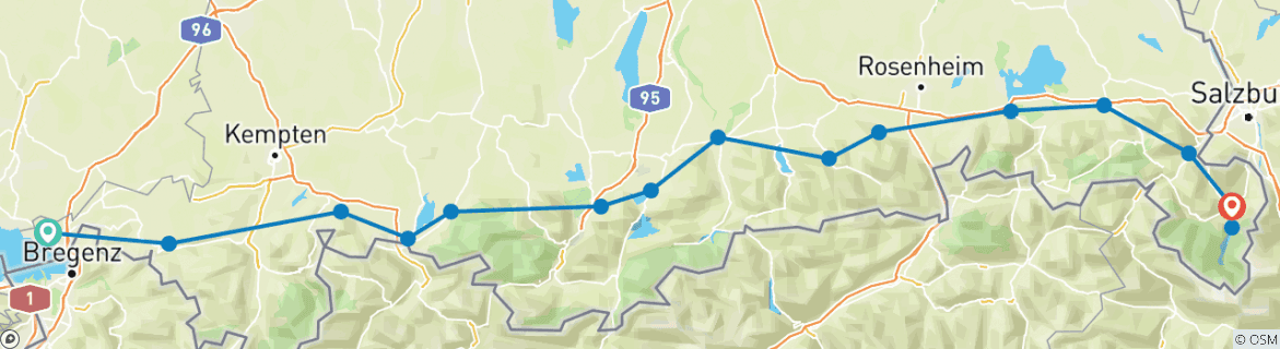 Carte du circuit Bodensee-Königssee Radweg : tranquille avec transfert de bagages