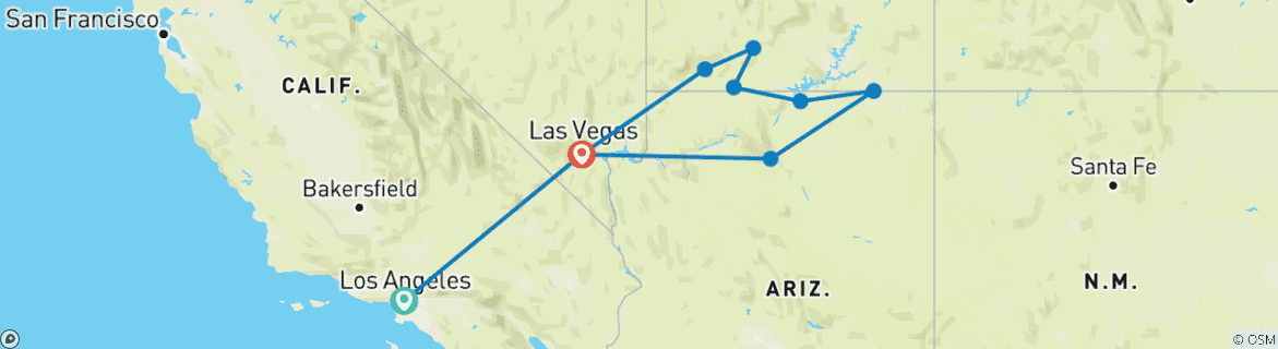 Map of Golden West Adventure - Los Angeles Airport (ending in Las Vegas)