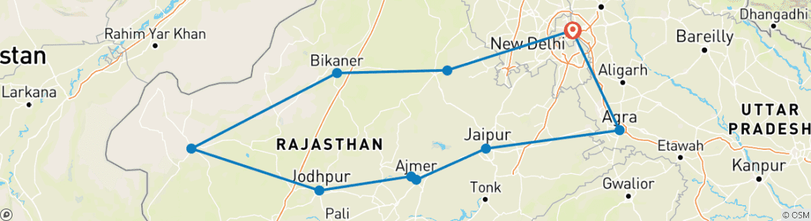 Map of 14 Day Rajasthan Desert Tour - From Taj Mahal to Thar Desert