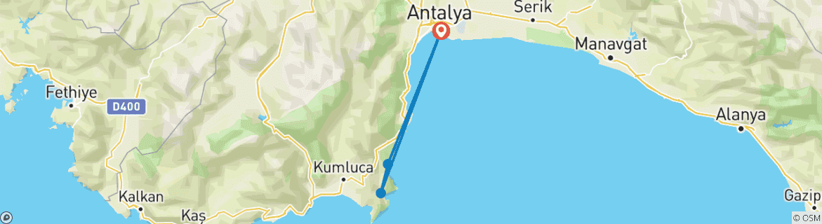 Image of a map showing the route of the tour