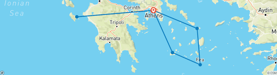 Mapa de Zante, Santorini, Mykonos y Milos - 10 días - premium