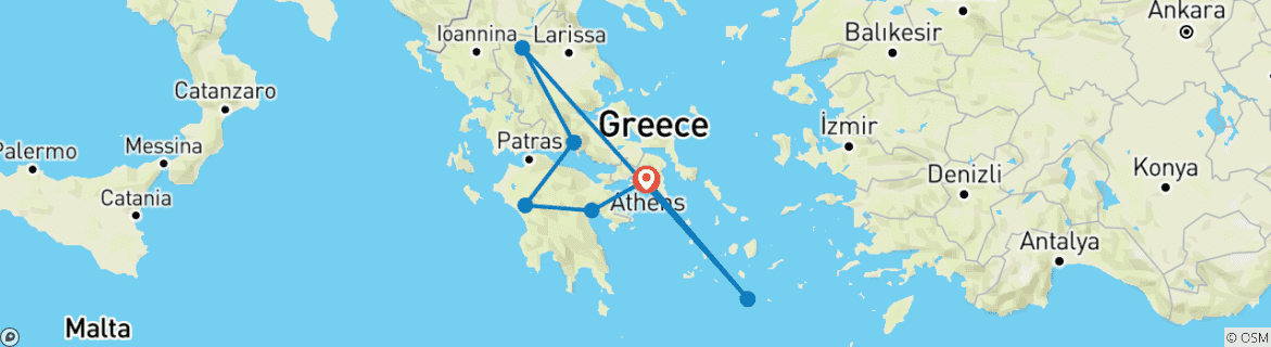 Mapa de Circuito en grupo de 10 días por la Antigua Grecia y Santorini con crucero al volcán