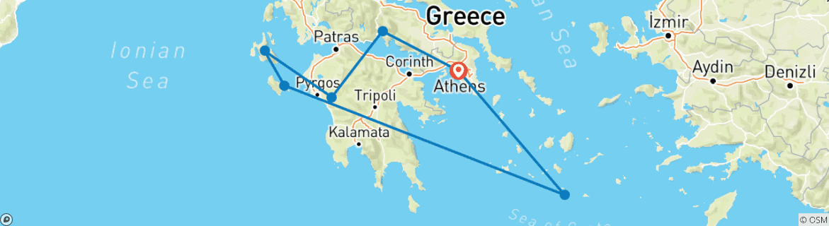 Carte du circuit 10 jours d'évasion : Delphes, Olympie, Céphalonie, Zante et Santorin