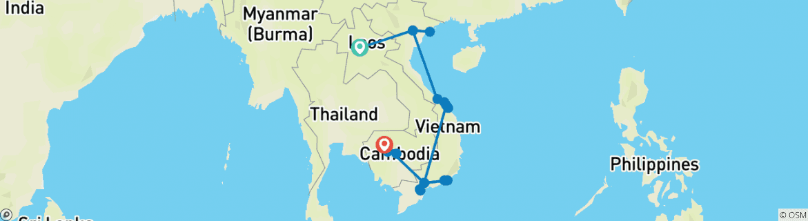 Map of Laos, Vietnam & Cambodia: Small Group Roundtrip & Bathing (incl. flight)