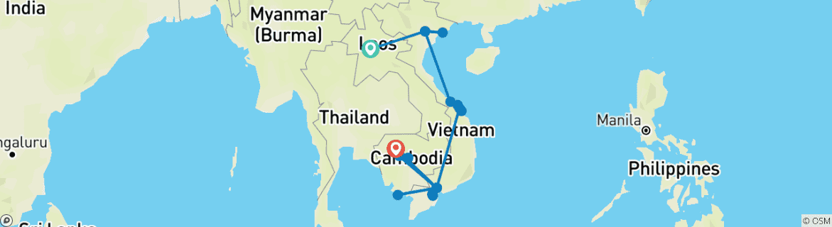 Map of Highlights of Indochina - Small Group Round Trip with Laos, Vietnam & Cambodia (incl. flight)