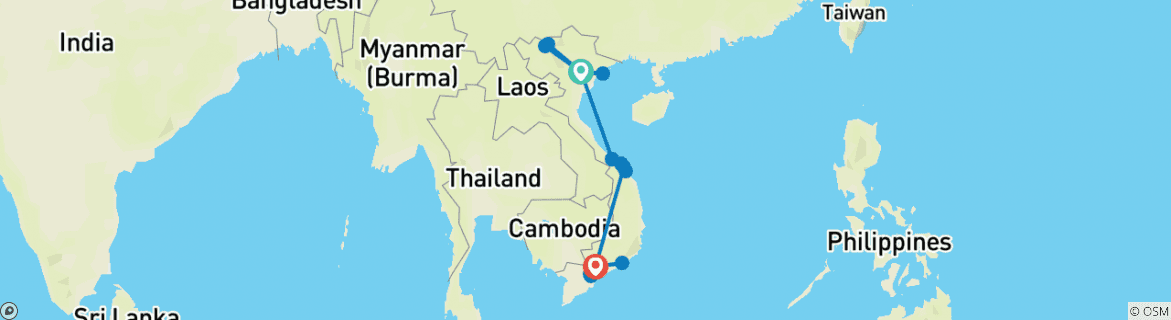 Map of Vietnam active tour & Phan Thiet beach (incl. flight)