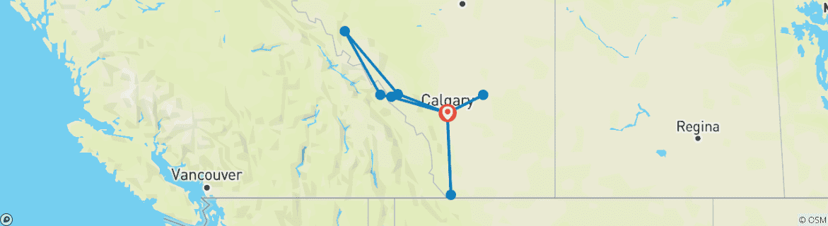 Map of 7-Day Alberta Rockies & Dinosaur Valley Adventure Tour