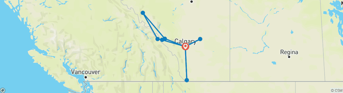 Carte du circuit Circuit d'aventure de 7 jours dans les Rocheuses de l'Alberta : Parcs nationaux de Banff, Jasper, Yoho, Waterton et Drumheller