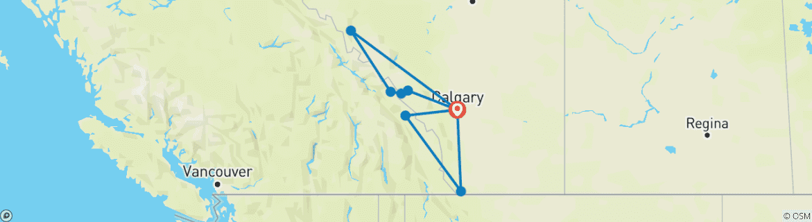 Carte du circuit Circuit de 7 jours dans les Rocheuses canadiennes : Explorez les parcs nationaux de Banff, Jasper, Yoho, Kootenay et Waterton.