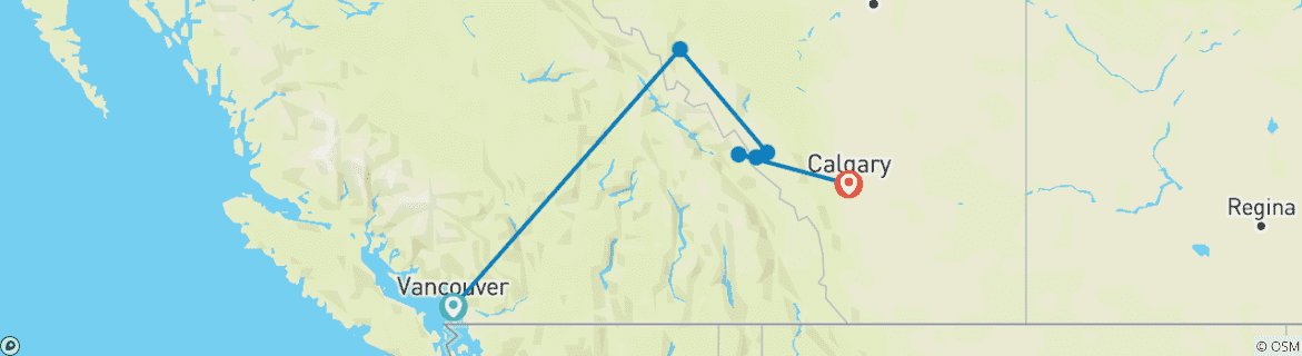 Image of a map showing the route of the tour