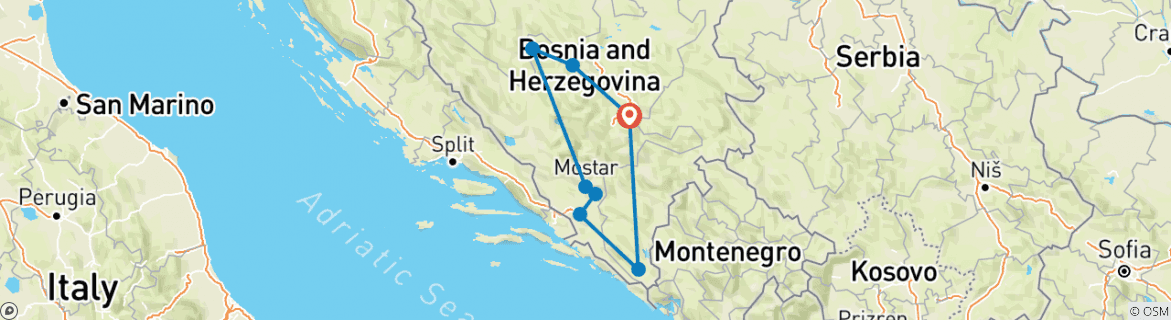 Map of All seasons discover Bosnia, 4 days tour from Sarajevo. UNESCO sites. Nature. Architecture. History. Cuisine. Slow travel