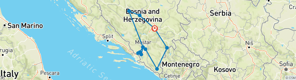 Carte du circuit Découverte de la Bosnie en toutes saisons, circuit de 6 jours au départ de Sarajevo. La Bosnie : un exemple de voyage hors des sentiers battus. Terre de forteresses ottomanes et de monastères orthodoxes.