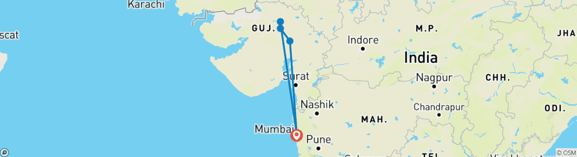 Image of a map showing the route of the tour