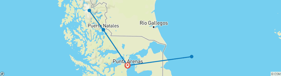 Map of 7 Days visit to King Penguin Colony @ Tierra del Fuego & visit Torres del Paine National Park.