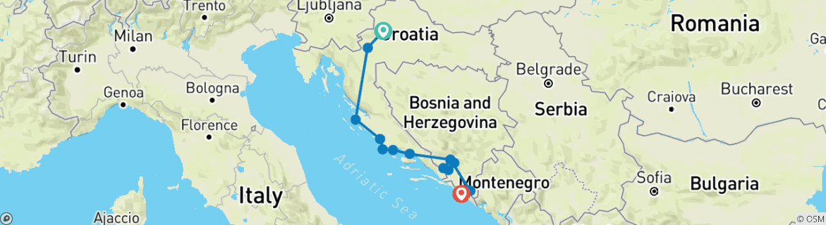 Map of Croatia + Bosnia all seasons discovery 10 days tour from Zagreb to Dubrovnik.  More nature, less cities. Dalmatian coast. Scenic roads.