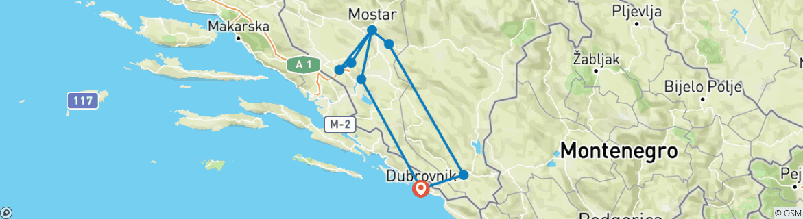 Map of Bosnia discovery all seasons 3 days tour from Dubrovnik. Trebinje, Tvrdos, Blagaj, Mostar, Medjugorje, Kravica, Pocitelj, Mogorjelo.