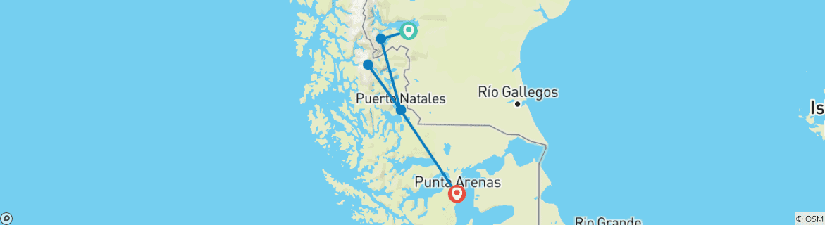 Map of Mountains and Glaciers: El Calafate and Torres del Paine