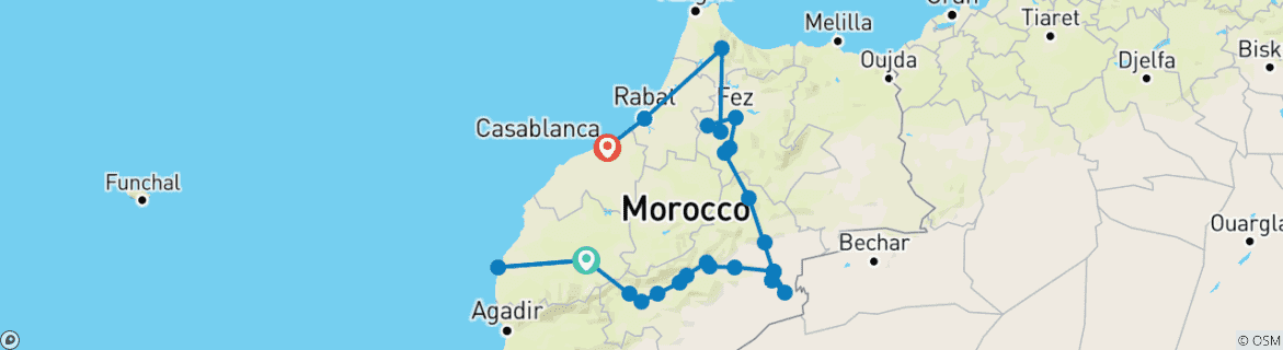 Map of Morocco Discovery - 10 days tour from Marrakech to Casablanca