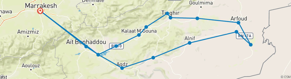 Image of a map showing the route of the tour