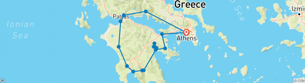 Karte von Entdeckungsreise Zentralgriechenland: Epidaurus, Sparta, Messene, Olympia, Delphi und andere berühmte Orte (ab Athen, 14 Tage)