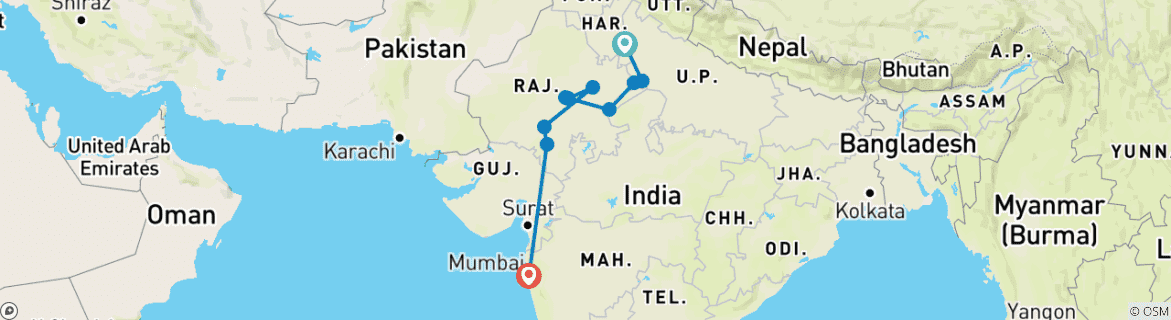 Map of India Tiger Safari Tour with Agra