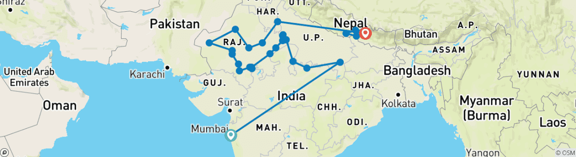 Carte du circuit Voyage en Inde et au Népal