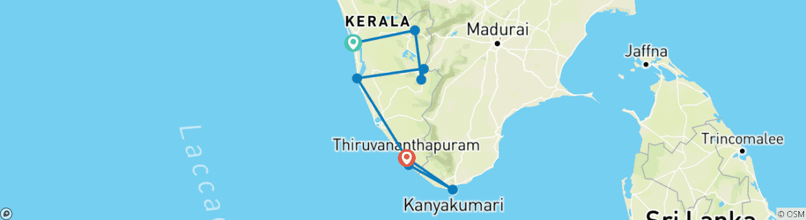 Map of 7 Days Tour to Kerala