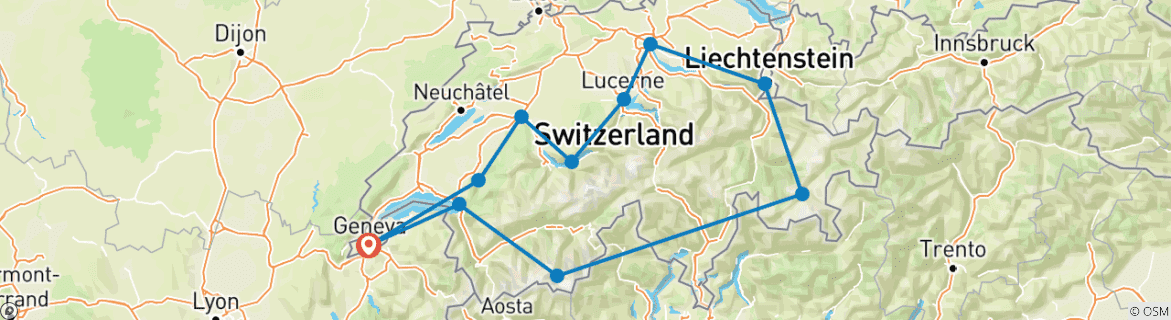 Carte du circuit Circuit de luxe personnalisé en Suisse avec départ quotidien