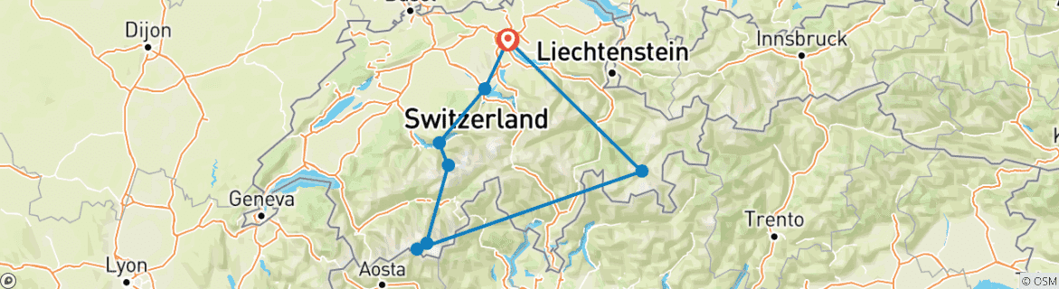 Map of Scenic Switzerland Train Tour with Glacier Express, Daily Departure