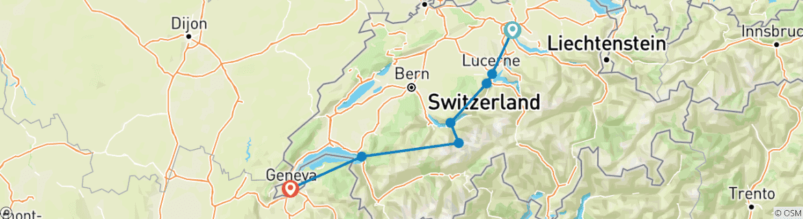 Carte du circuit Voyage de luxe sur mesure pour la ligne Golden Pass de la Suisse avec départ quotidien