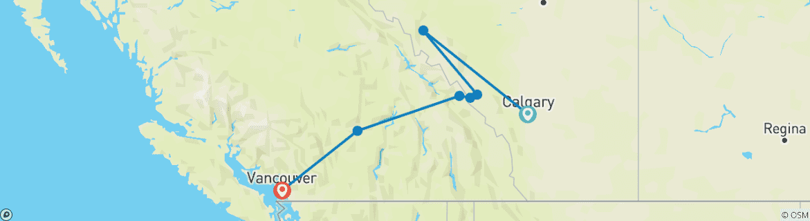 Map of 7-Day Rockies Summer Adventure Tour: Vancouver to Calgary with Rocky Mountaineer