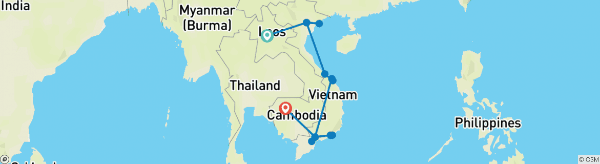 Map of Private Tour & Beach Stay - Laos, Vietnam & Cambodia (with flights)