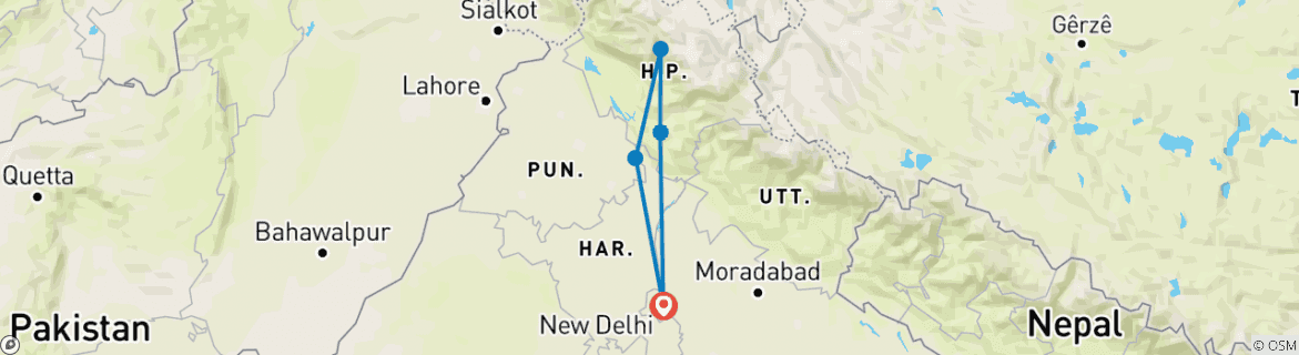 Map of Mesmerizing Shimla, Manali & Chandigarh from Delhi - 07 Days