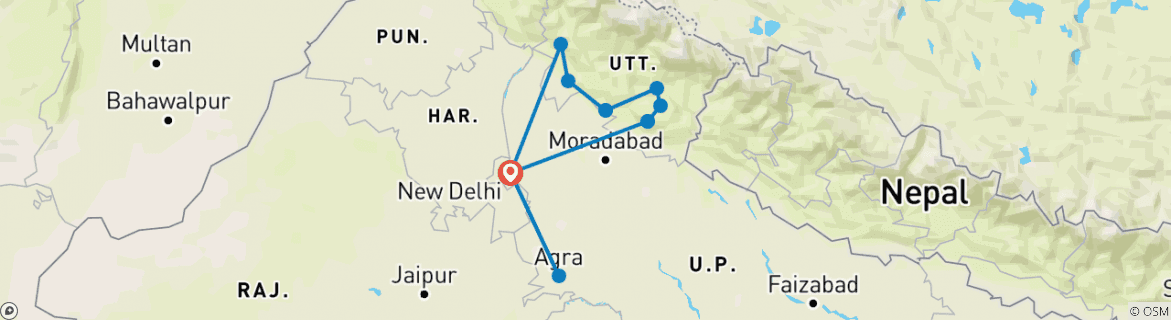 Map of Private 12 Days Utranchal & corbett national park with Taj Mahal tour by by car