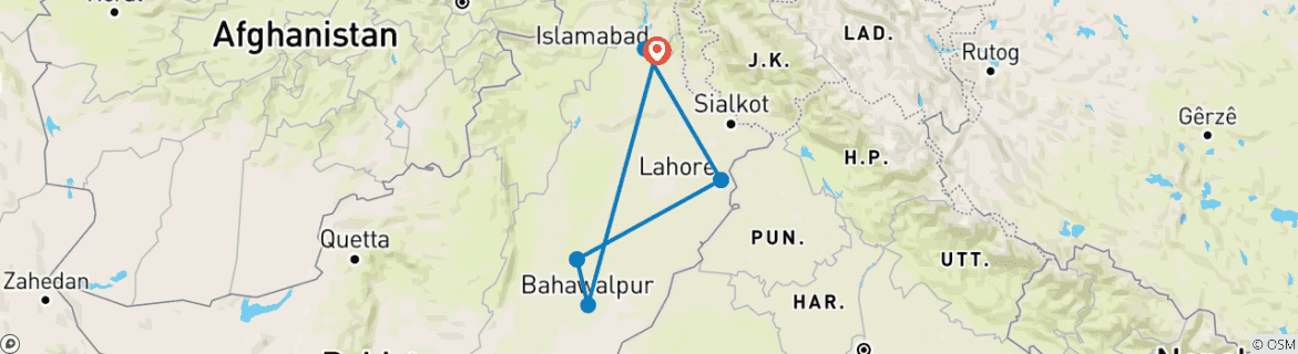 Kaart van Rondreis door Mughal en Koloniaal Erfgoed Pakistan