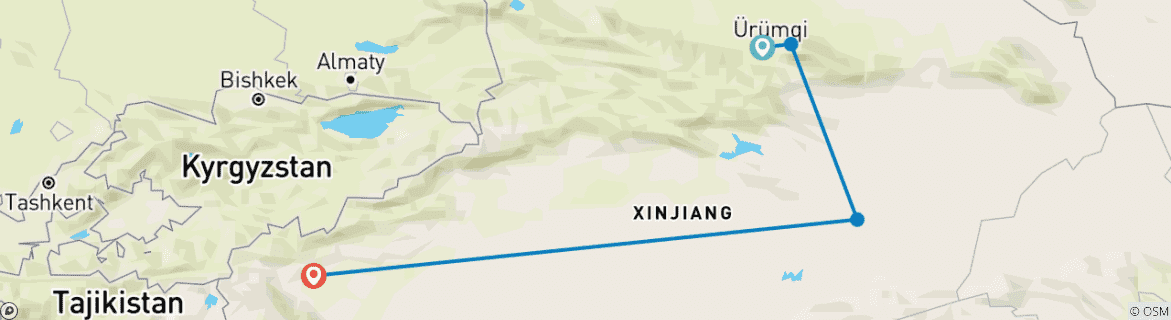 Map of Budget Tour: Urumqi, Tianchi, Turpan and Kashgar 7 Days in Xinjiang