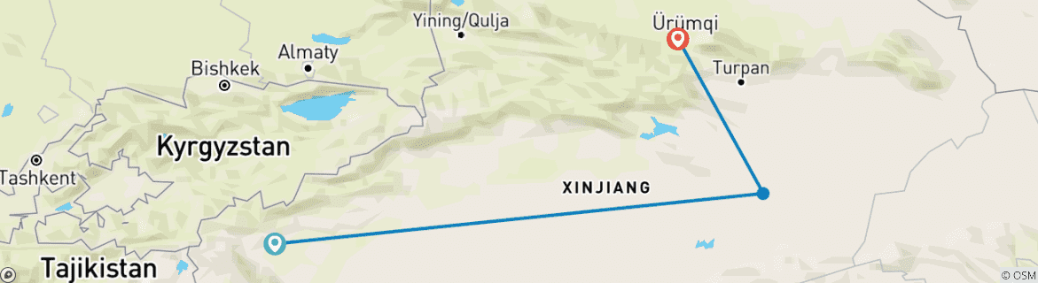 Map of Budget Xinjiang Tour: Kashgar, Turpan and Urumqi 6 Days