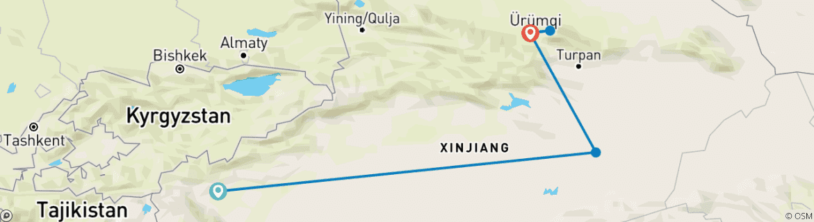 Map of Budget Xinjiang Tour: Kashgar, Turpan, Urumqi and Tianchi 7 Days