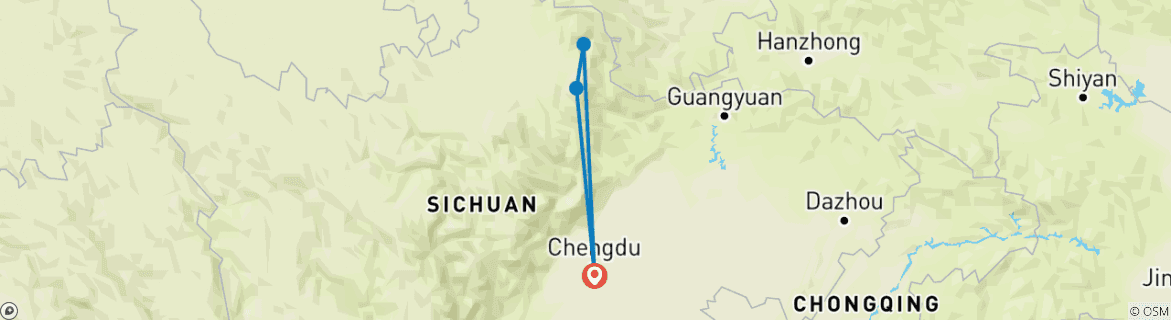 Map of 3-Day Tour to Huanglong and Jiuzhaigou from Chengdu by Car