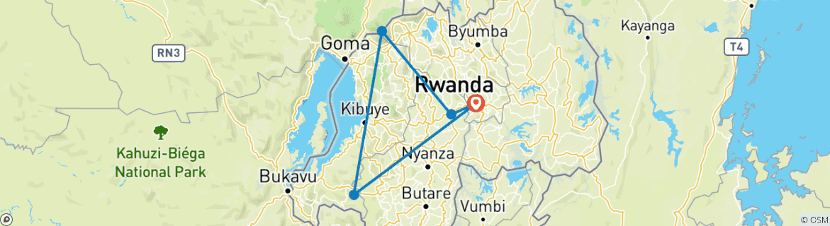 Map of 8 Days Rwanda Gorillas, Chimps, Dian Fossey Tour